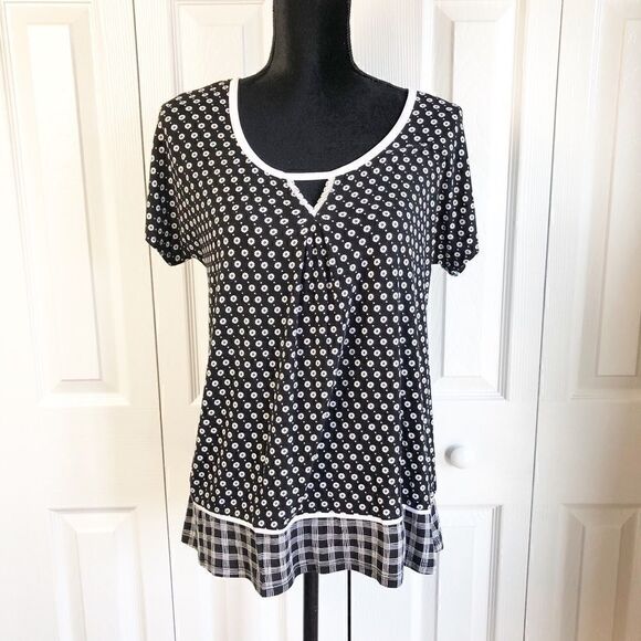 Kensie Top Round Neck Keyhole Black White Short Sleeve Plus Size Small - Picture 2 of 5